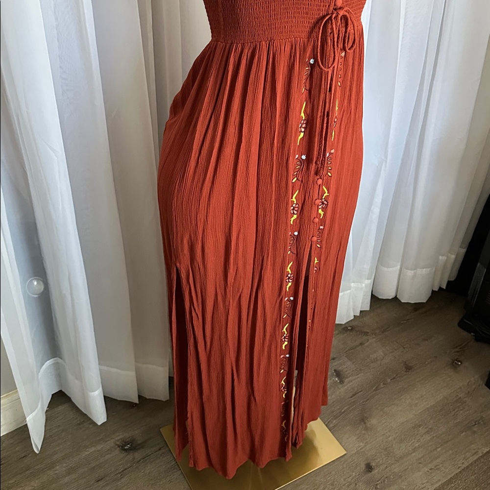 Rust Boho Embroidered Halter Maxi Dress - Picture 5 of 6